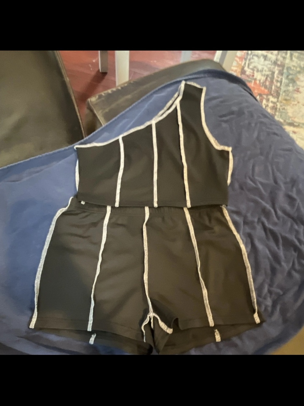 SHEIN Black One-Shoulder Top with matching shorts set.